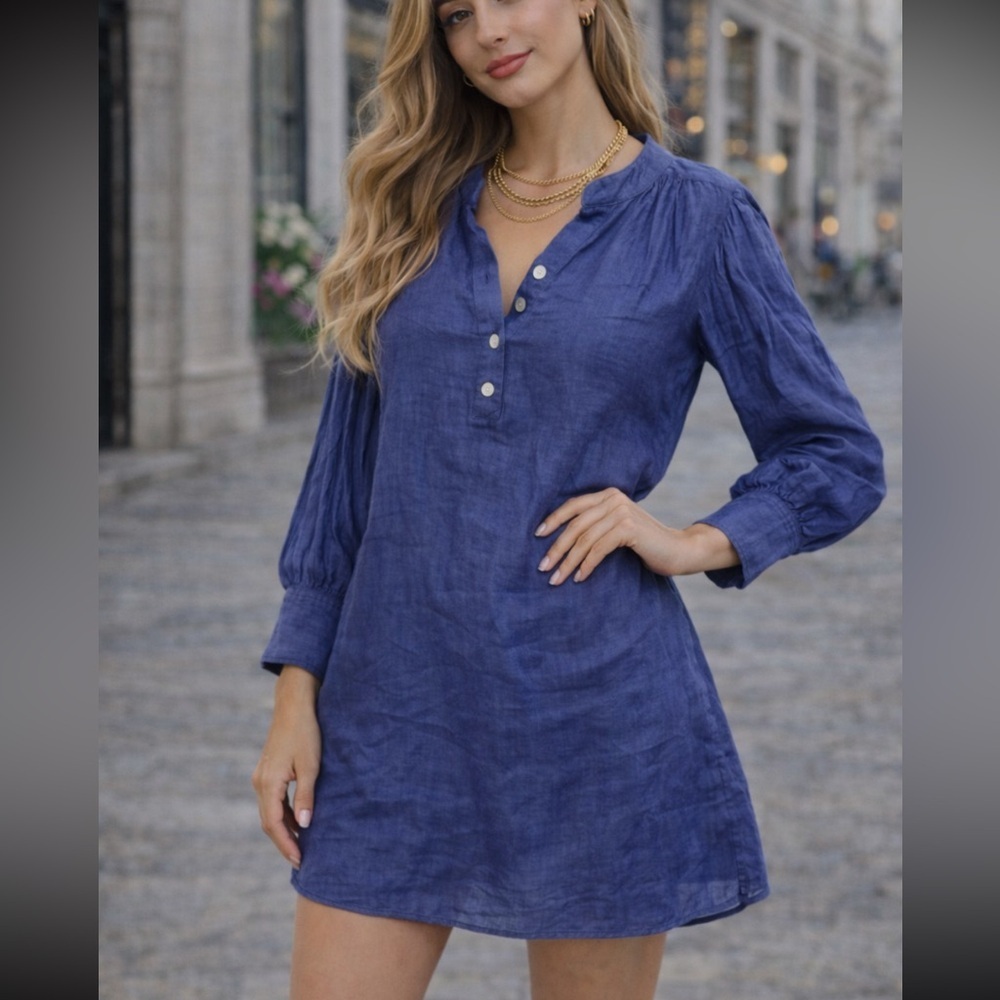 Banana Republic Navy Blue Ramie Popover Shirt Mini Dress Size XS 36071